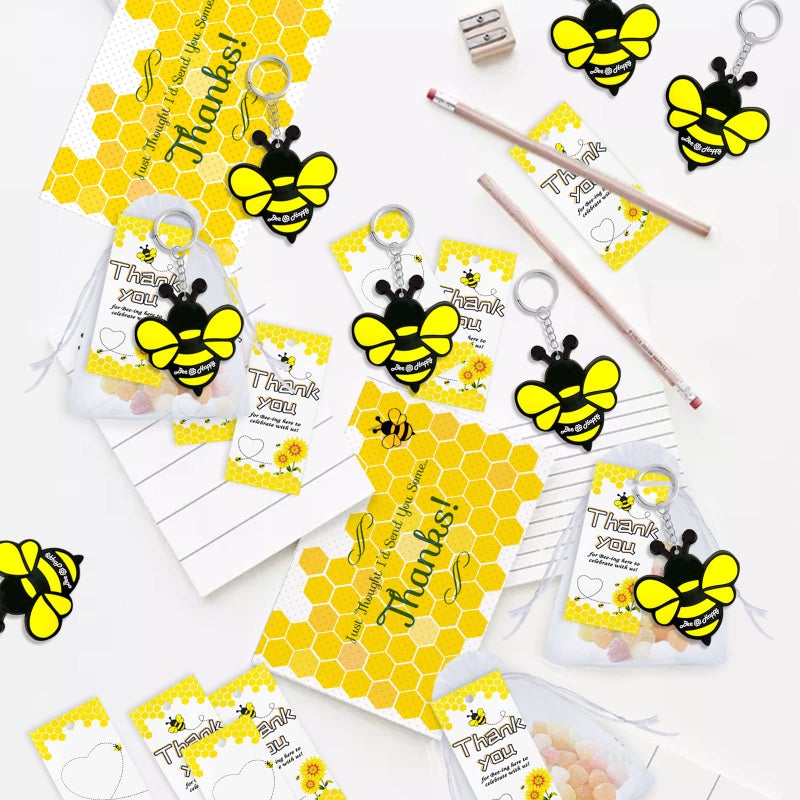 Elecrainbow 60 Pack Bumble Bee Keyring Pack including 20 Keychains, 20 Thank You Tags and 20 Bags for Bee Party, Mommy to Bee, Baby to Bee Baby Shower, Adult Bee, Queen Bee, Birthday, Gender Reveal - Image 2